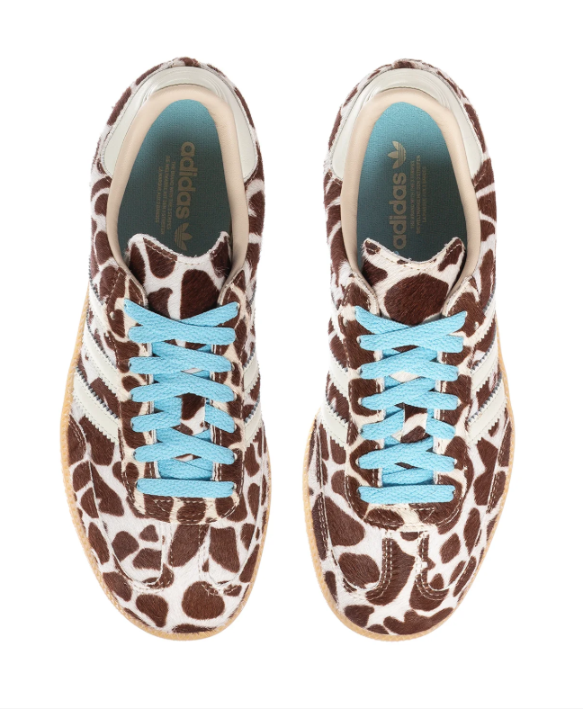 adidas Brown and Cream Cow-Print Sneakers with Blue Laces and Gum Sole