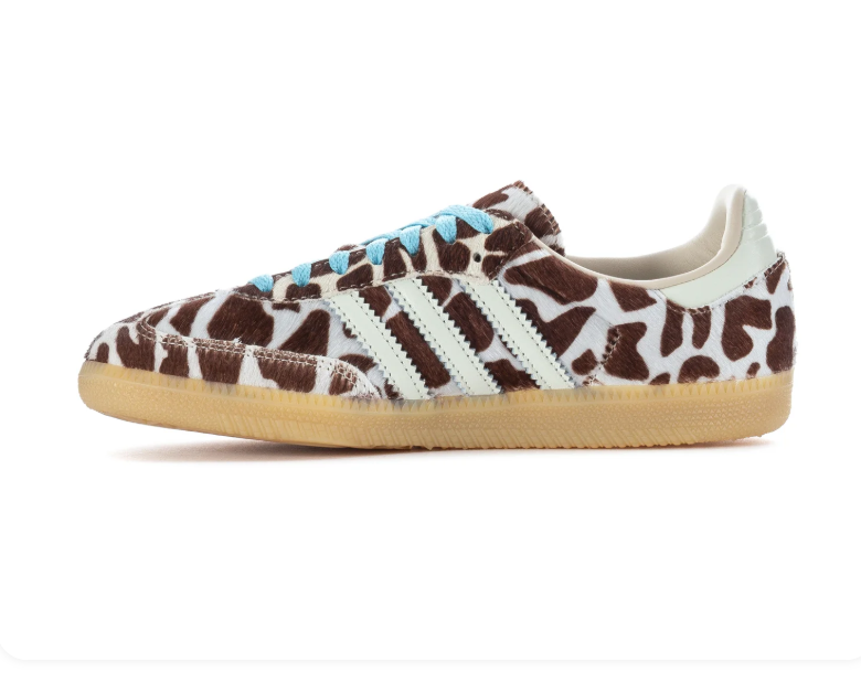 adidas Brown and Cream Cow-Print Sneakers with Blue Laces and Gum Sole