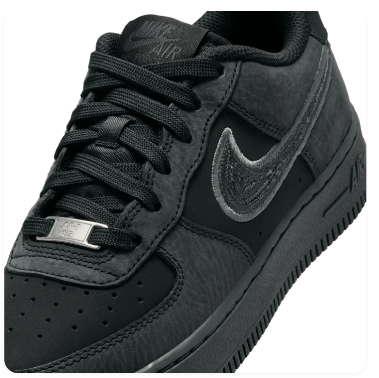 Nike Air Force 1 Black and Charcoal Low-Top Sneakers with Grey-Outlined Swoosh