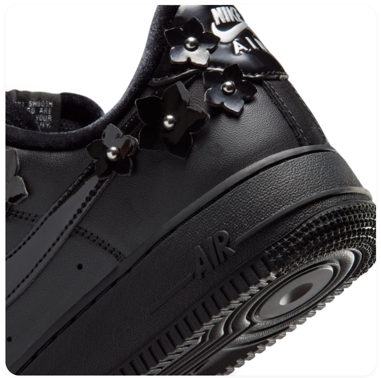 Nike Air Force 1 All-Black Low-Top Sneakers with Floral Appliqués
