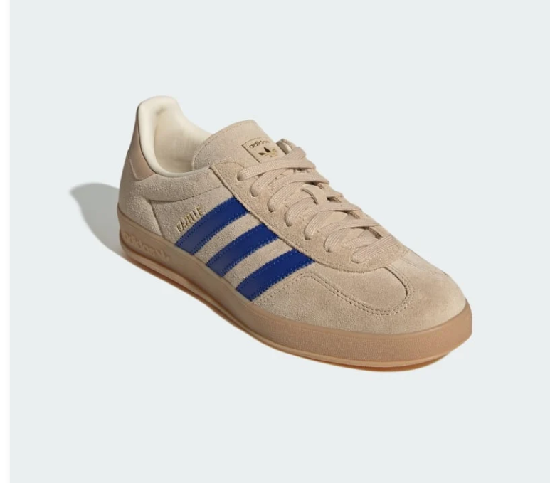 adidas Gazelle Beige and Blue Sneakers with Gum-Colored Sole