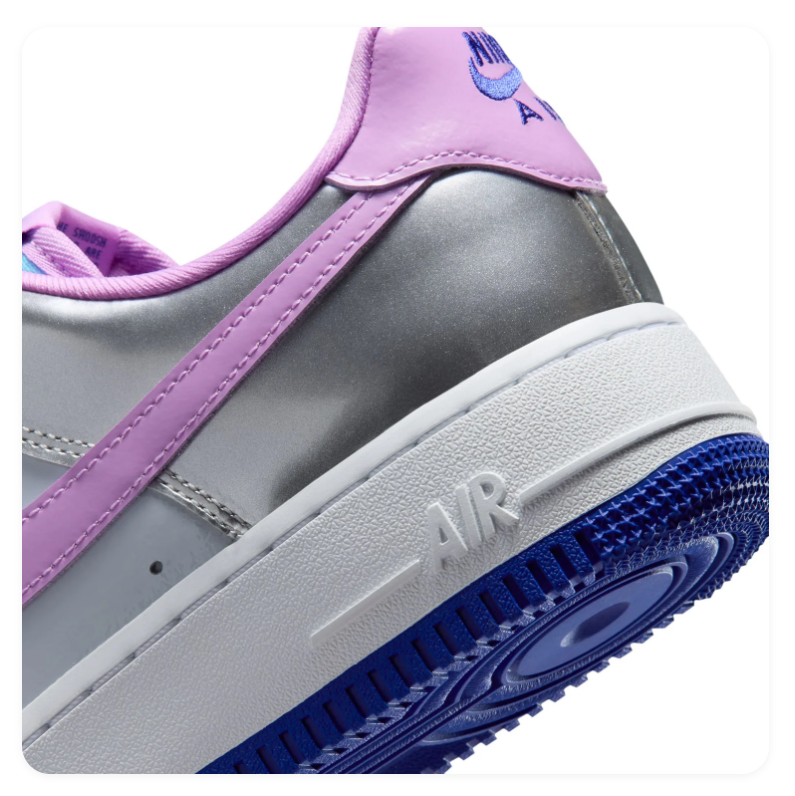Nike Air Force 1 Metallic Silver and Lilac Low-Top Sneakers with Turquoise Laces