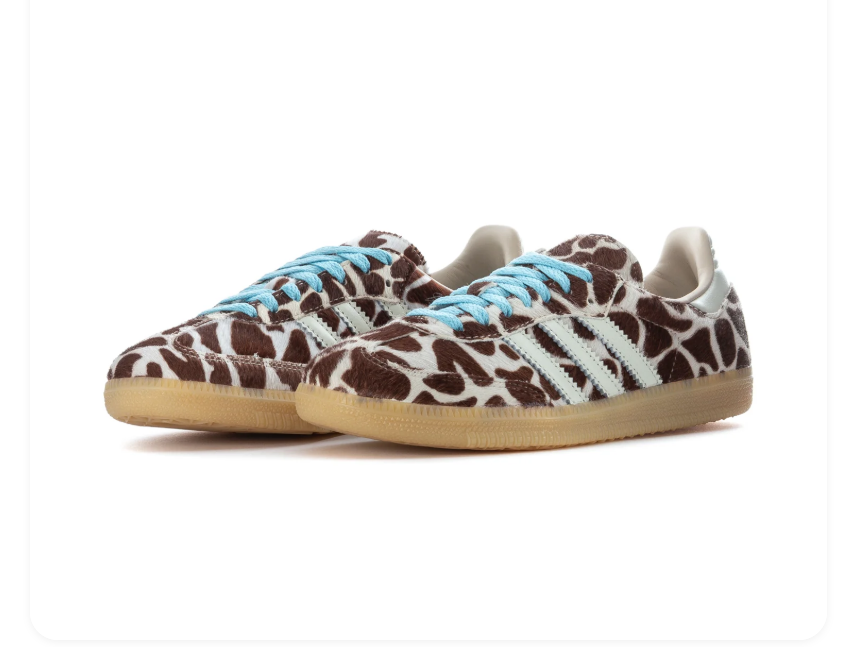 adidas Brown and Cream Cow-Print Sneakers with Blue Laces and Gum Sole