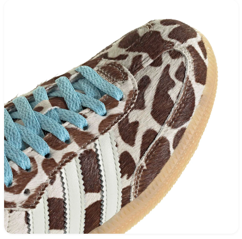 adidas Brown and Cream Cow-Print Sneakers with Blue Laces and Gum Sole