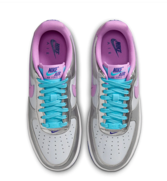 Nike Air Force 1 Metallic Silver and Lilac Low-Top Sneakers with Turquoise Laces