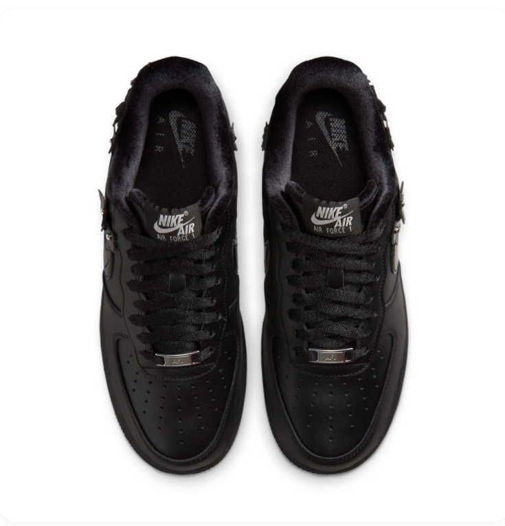 Nike Air Force 1 All-Black Low-Top Sneakers with Floral Appliqués