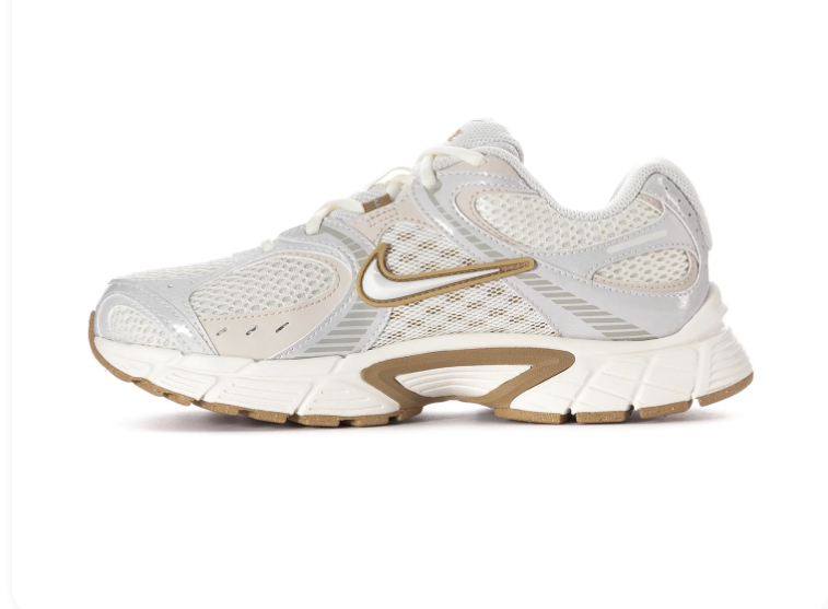 Nike White and Light Grey Mesh Sneakers with Gold-Tone Accents