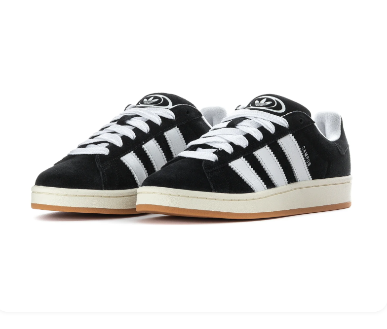 adidas Campus Black and White Sneakers with White Laces and Gum Sole