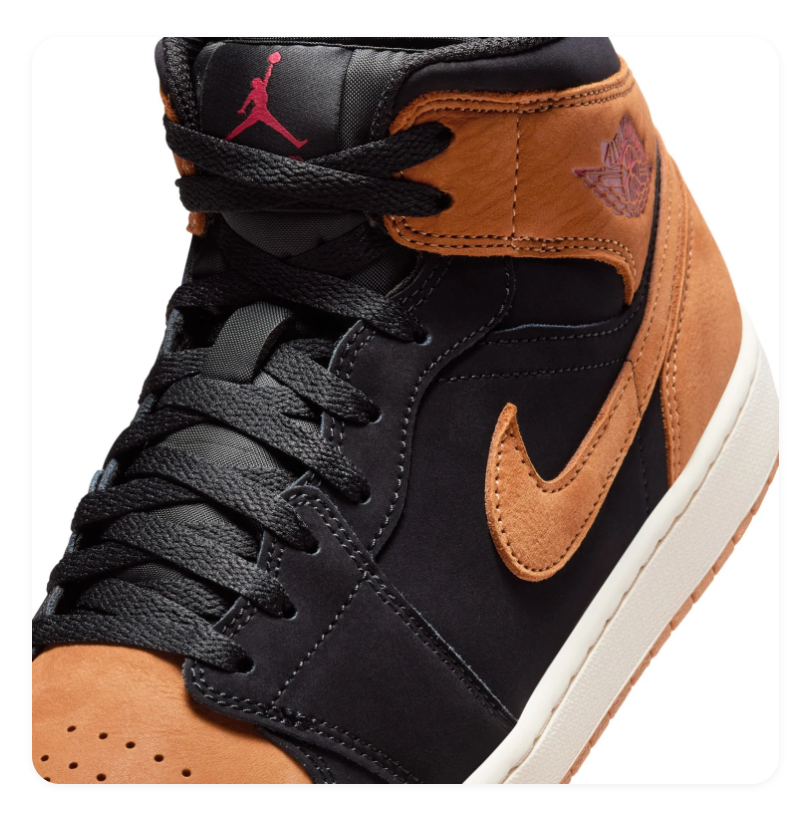 Air Jordan 1 Mid Black and Tan Sneakers with Burgundy Accents