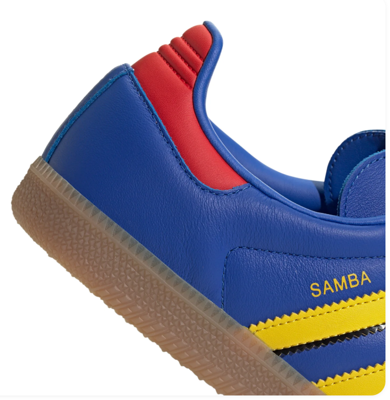 adidas Samba Blue and Yellow Sneakers with Red Accents and Gum Sole