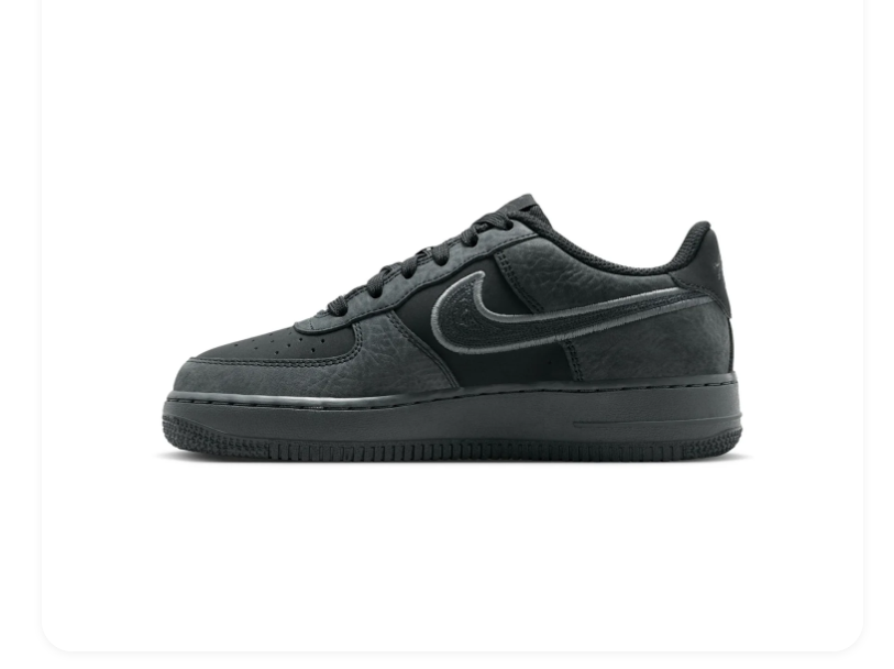 Nike Air Force 1 Black and Charcoal Low-Top Sneakers with Grey-Outlined Swoosh