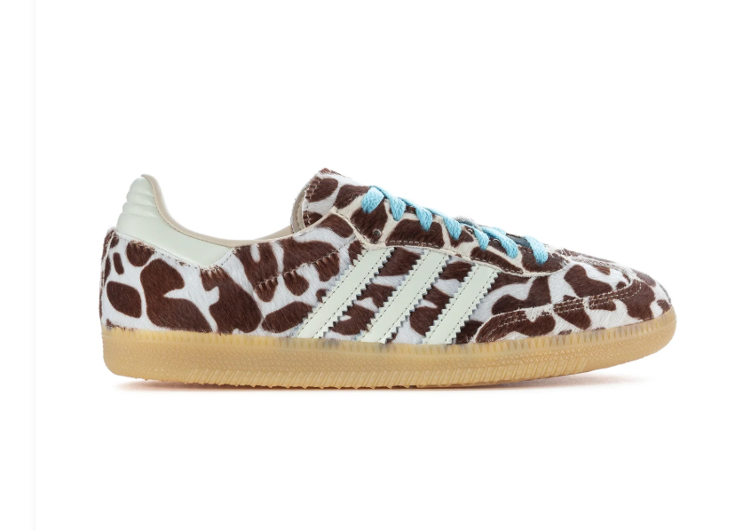 adidas Brown and Cream Cow-Print Sneakers with Blue Laces and Gum Sole