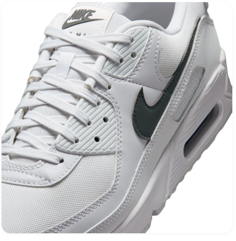 Nike Air Max 90 White and Grey Sneakers with Black Swoosh