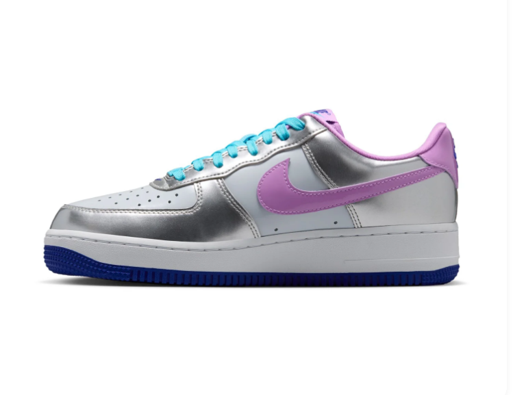 Nike Air Force 1 Metallic Silver and Lilac Low-Top Sneakers with Turquoise Laces