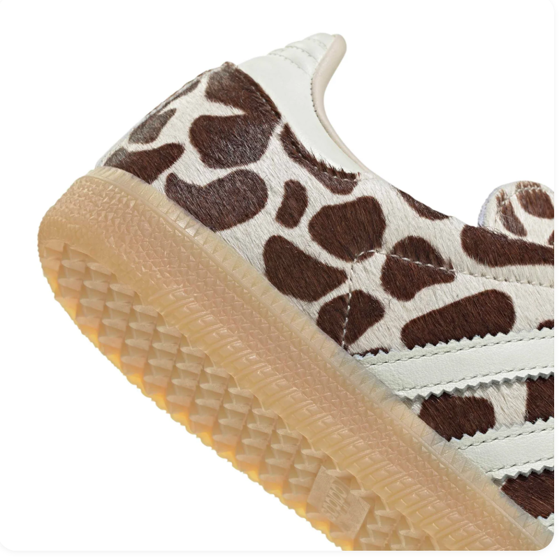 adidas Brown and Cream Cow-Print Sneakers with Blue Laces and Gum Sole