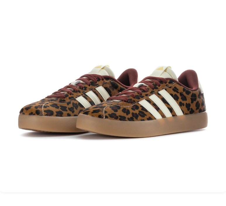 adidas Leopard Print Sneakers with Cream Stripes and Burgundy Laces