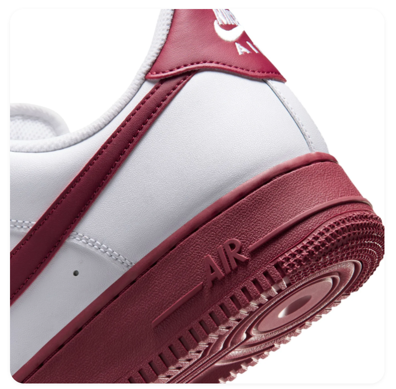 Nike Air Force 1 White and Burgundy Low-Top Sneakers