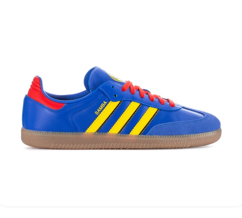 adidas Samba Blue and Yellow Sneakers with Red Accents and Gum Sole