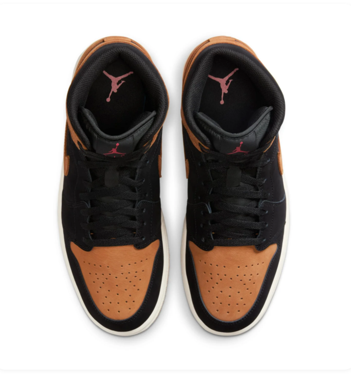 Air Jordan 1 Mid Black and Tan Sneakers with Burgundy Accents