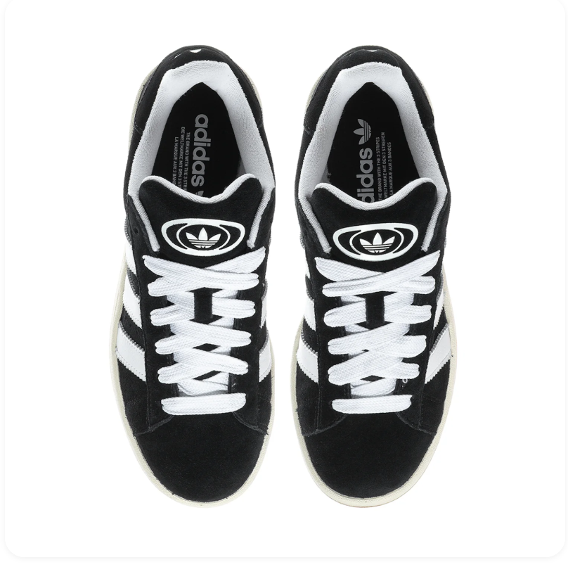 adidas Campus Black and White Sneakers with White Laces and Gum Sole