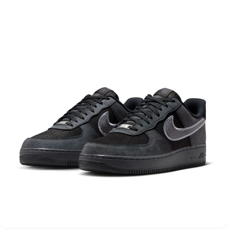 Nike Air Force 1 Black and Charcoal Low-Top Sneakers with Silver-Grey Swoosh