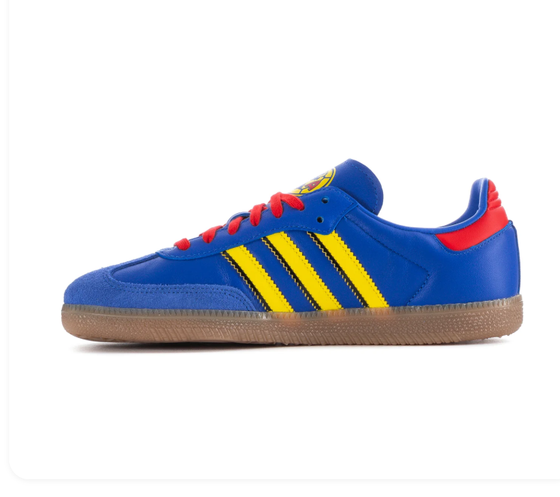 adidas Samba Blue and Yellow Sneakers with Red Accents and Gum Sole