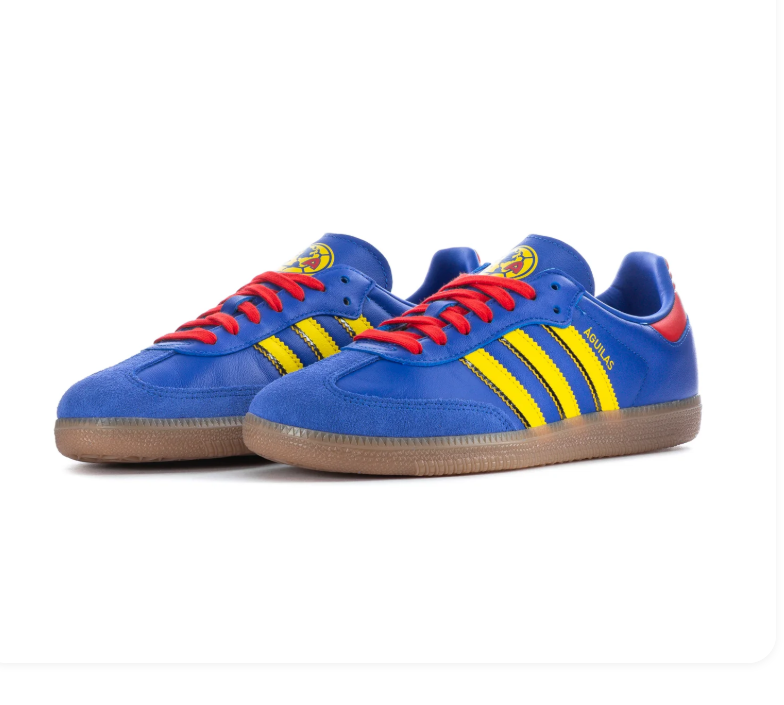adidas Samba Blue and Yellow Sneakers with Red Accents and Gum Sole