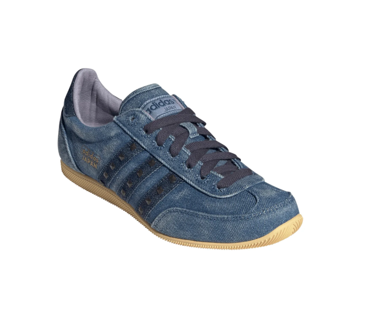 adidas Japan Blue Denim-Textured Sneakers with Studded Black Stripes