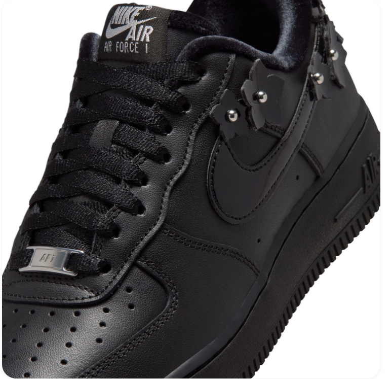 Nike Air Force 1 All-Black Low-Top Sneakers with Floral Appliqués