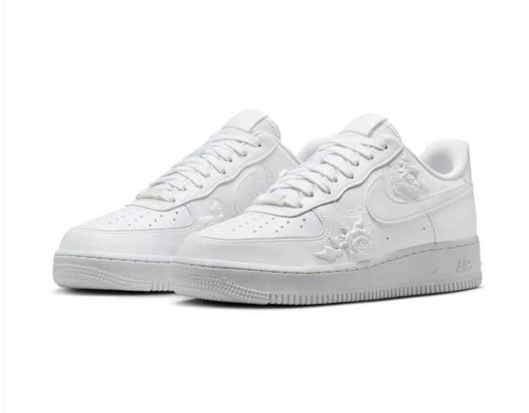 Nike Air Force 1 All-White Low-Top Sneakers with Raised Rose Details