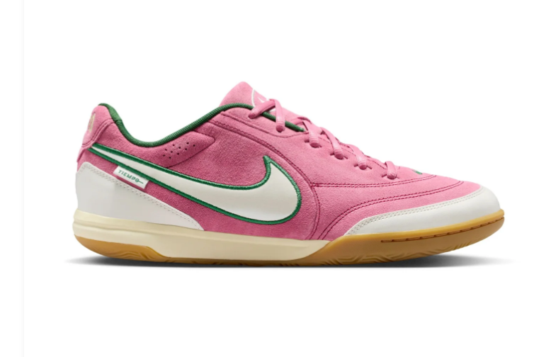 Nike Tiempo Pink and Cream Low-Top Sneakers with Green Accents and Gum Sole