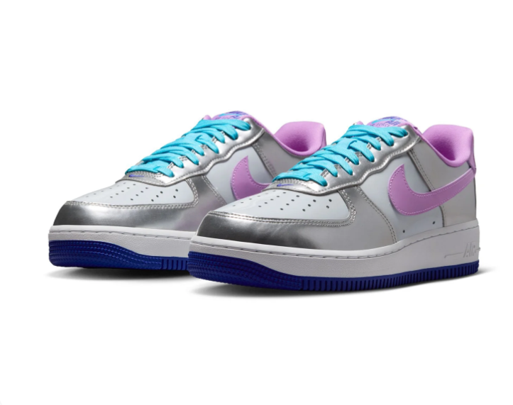 Nike Air Force 1 Metallic Silver and Lilac Low-Top Sneakers with Turquoise Laces