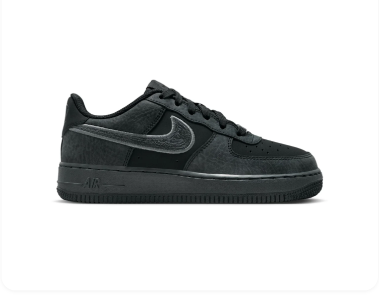 Nike Air Force 1 Black and Charcoal Low-Top Sneakers with Grey-Outlined Swoosh