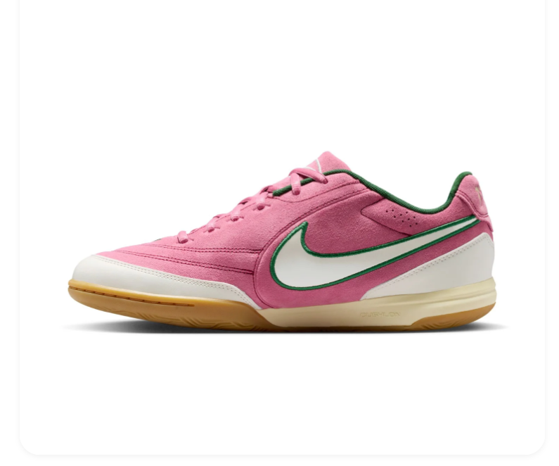 Nike Tiempo Pink and Cream Low-Top Sneakers with Green Accents and Gum Sole