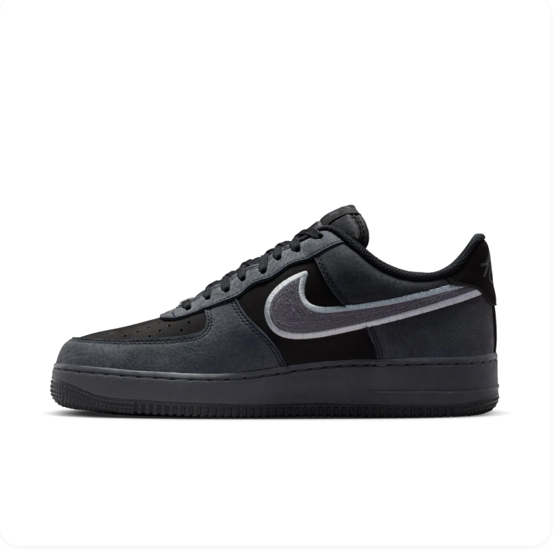 Nike Air Force 1 Black and Charcoal Low-Top Sneakers with Silver-Grey Swoosh