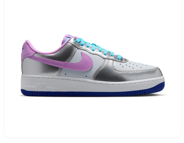 Nike Air Force 1 Metallic Silver and Lilac Low-Top Sneakers with Turquoise Laces