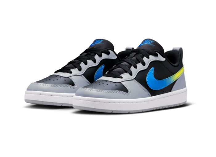 Nike Black and Grey Low-Top Sneakers with Blue-to-Yellow Gradient Swoosh