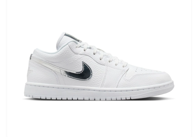 Air Jordan 1 Low White Sneakers with Metallic Silver Accents