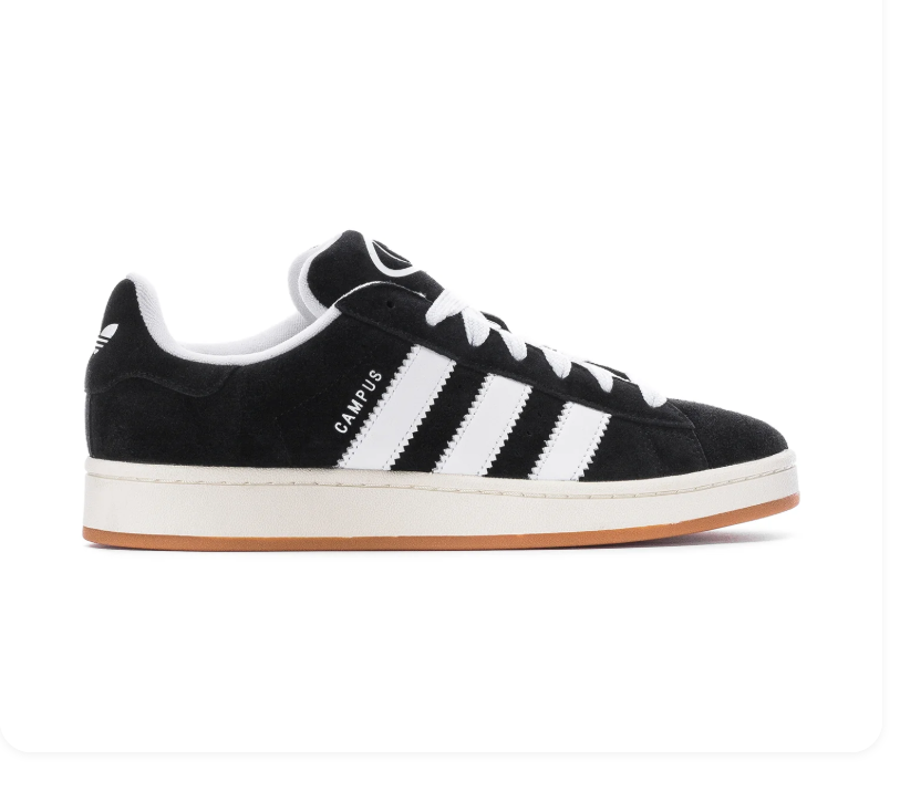 adidas Campus Black and White Sneakers with White Laces and Gum Sole