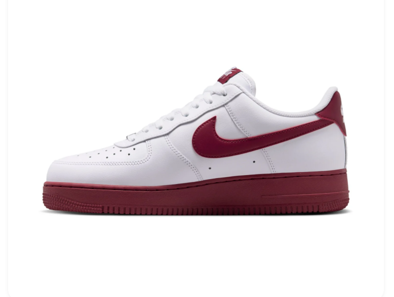 Nike Air Force 1 White and Burgundy Low-Top Sneakers