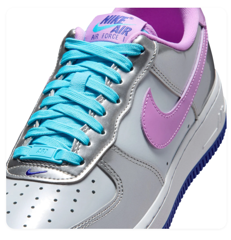 Nike Air Force 1 Metallic Silver and Lilac Low-Top Sneakers with Turquoise Laces