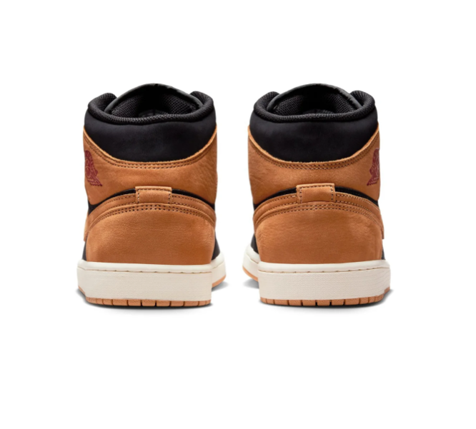 Air Jordan 1 Mid Black and Tan Sneakers with Burgundy Accents