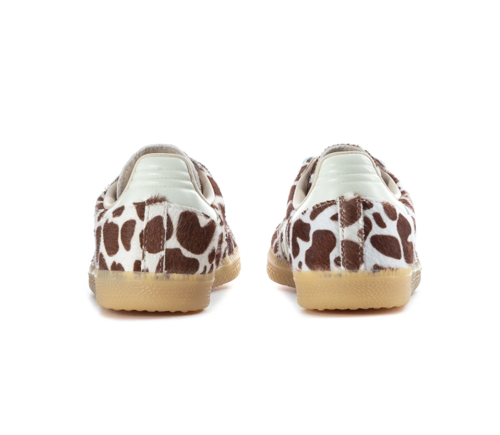 adidas Brown and Cream Cow-Print Sneakers with Blue Laces and Gum Sole