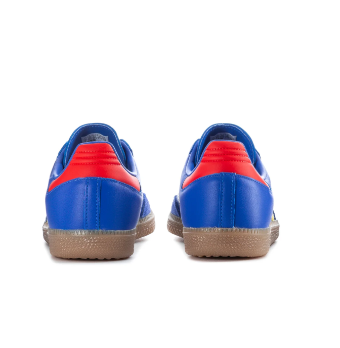 adidas Samba Blue and Yellow Sneakers with Red Accents and Gum Sole