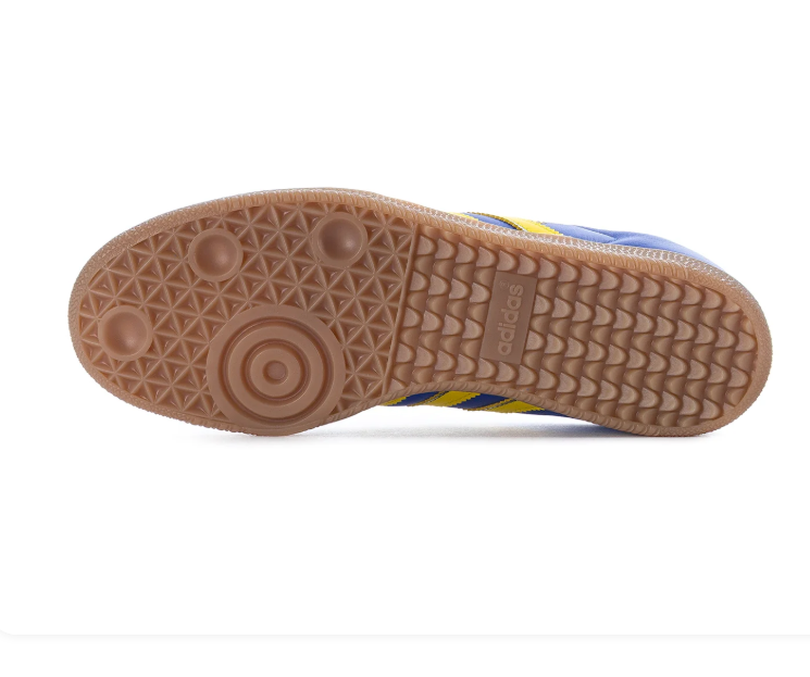 adidas Samba Blue and Yellow Sneakers with Red Accents and Gum Sole