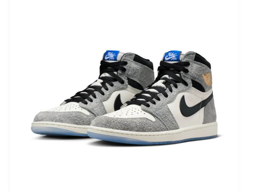 Air Jordan 1 High Grey and Off-White Sneakers with Gold Accents